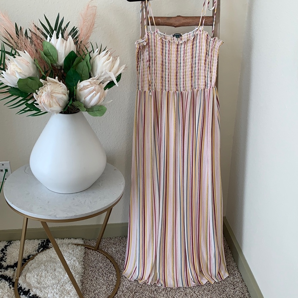Floor length sun dress with adjustable tie straps